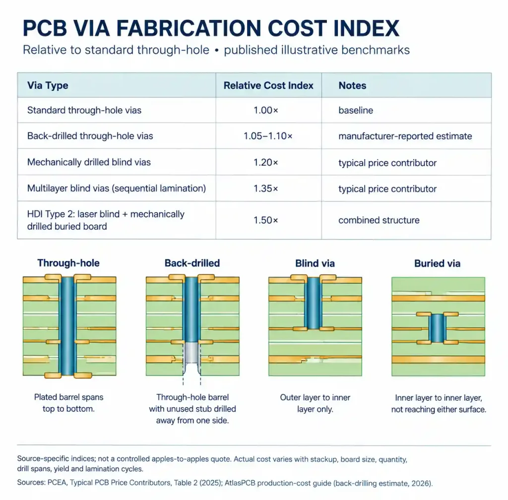 PCB manufacturing cost comparison showing back drilling versus alternative via technologies