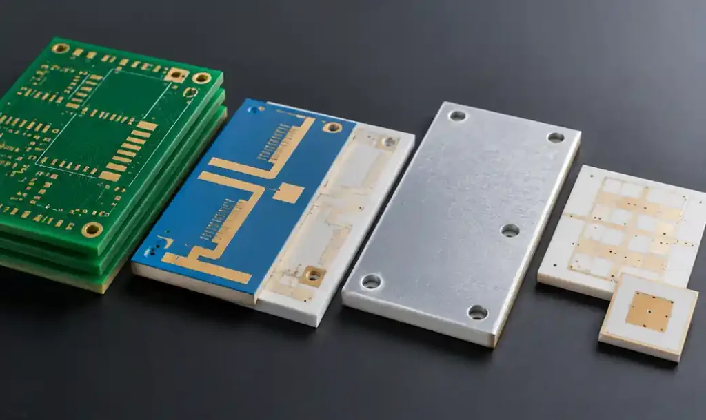 Different PCB substrate materials including FR-4, Rogers, and aluminum core boards