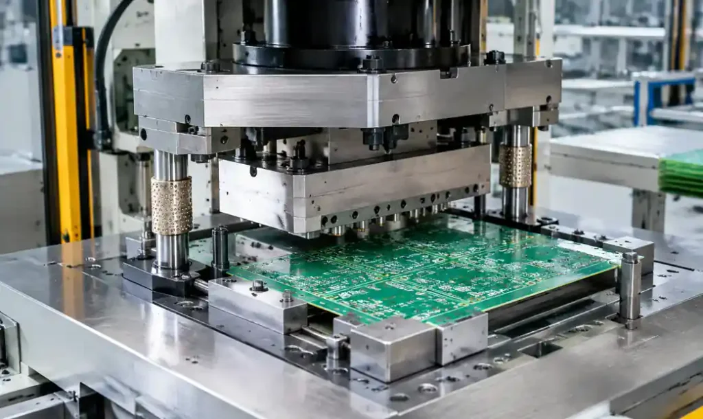 Hydraulic press with custom die for PCB punching depaneling