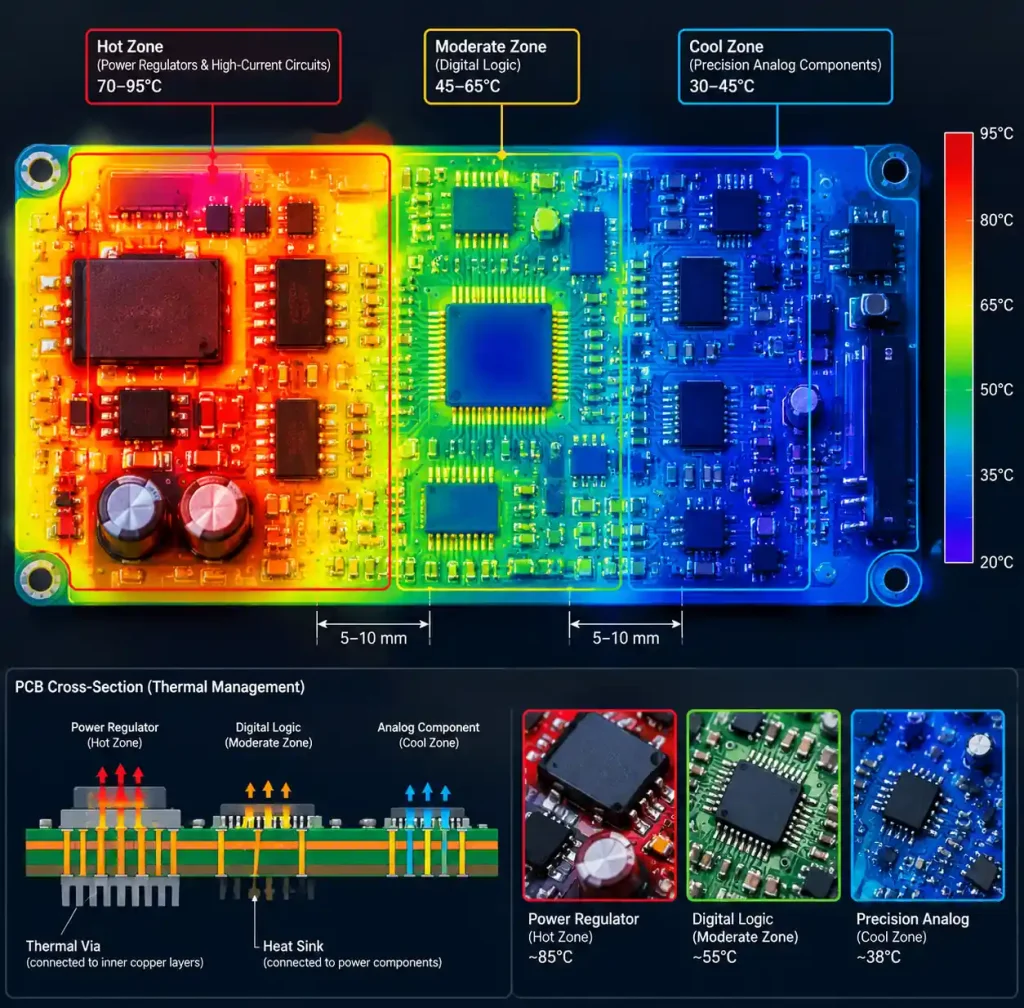 PCB thermal zones showing heat-generating components separated from temperature-sensitive parts