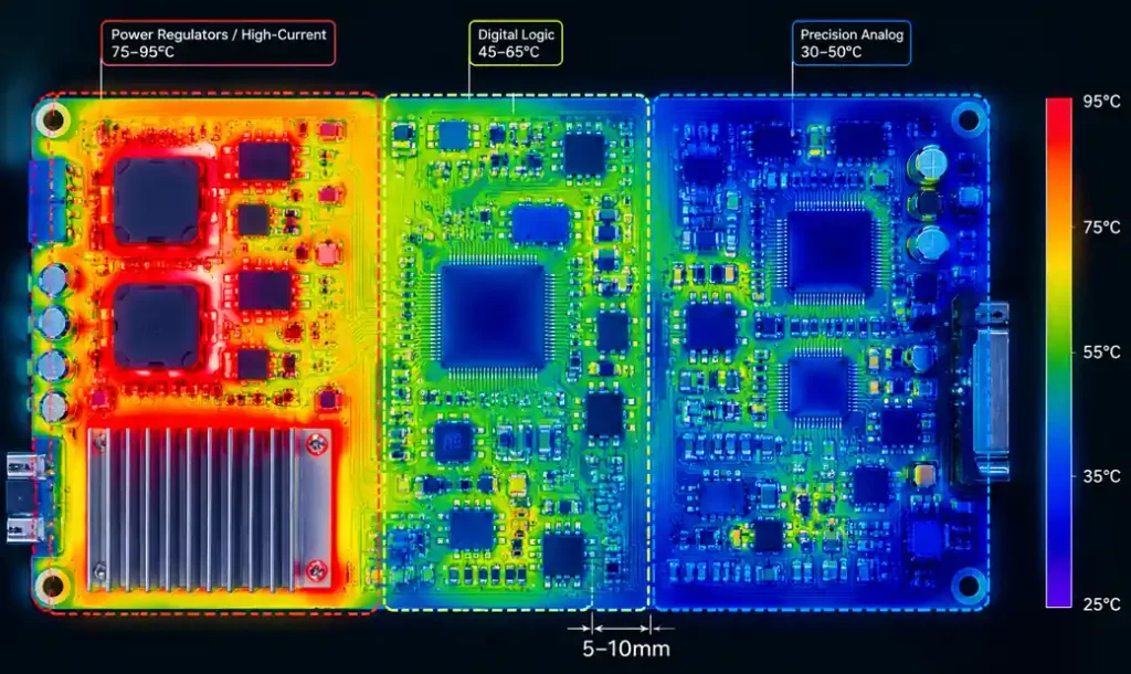 PCB thermal zones showing heat-generating components separated from temperature-sensitive parts