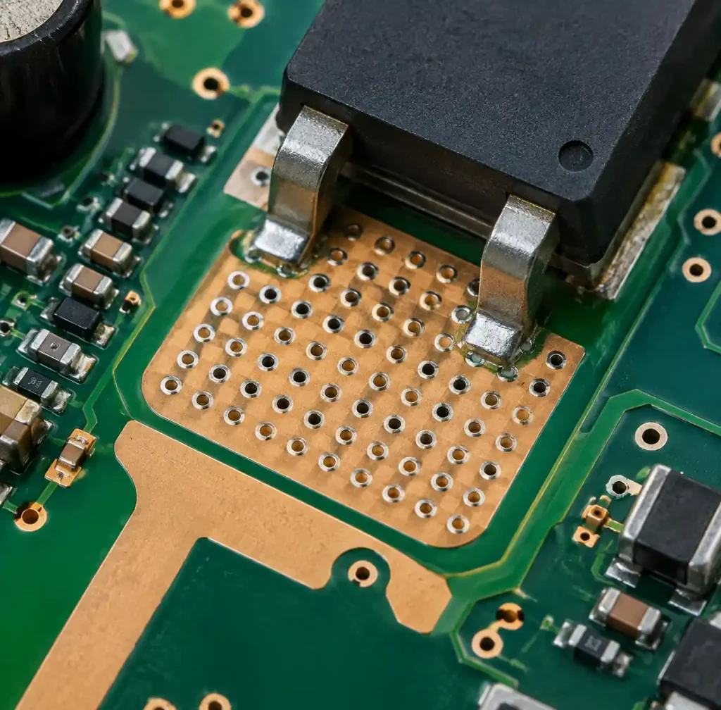 Thermal relief pad with via array underneath power MOSFET on LED driver PCB
