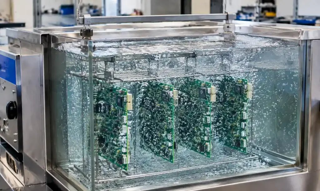 PCB assemblies being cleaned in ultrasonic cleaning tank