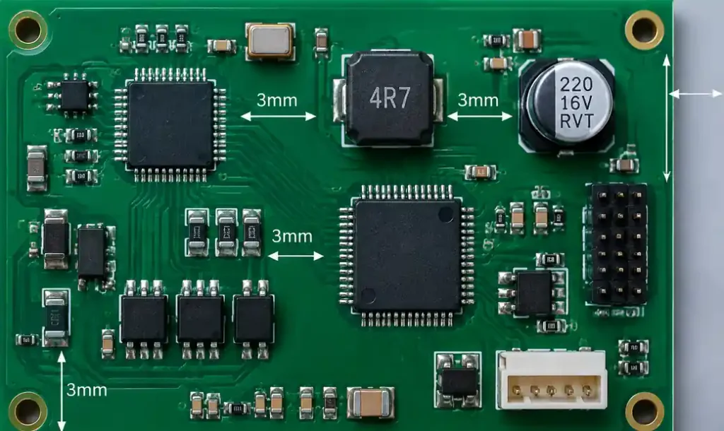 PCB component spacing and clearance measurements for wave soldering assembly