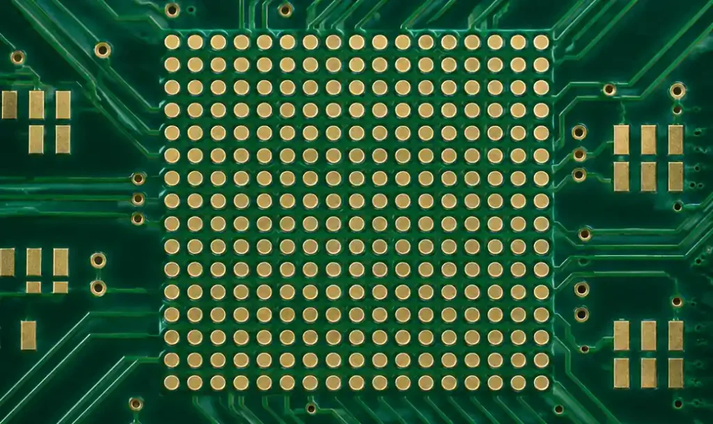 Fine-pitch BGA component showing solder mask dam width between adjacent pads