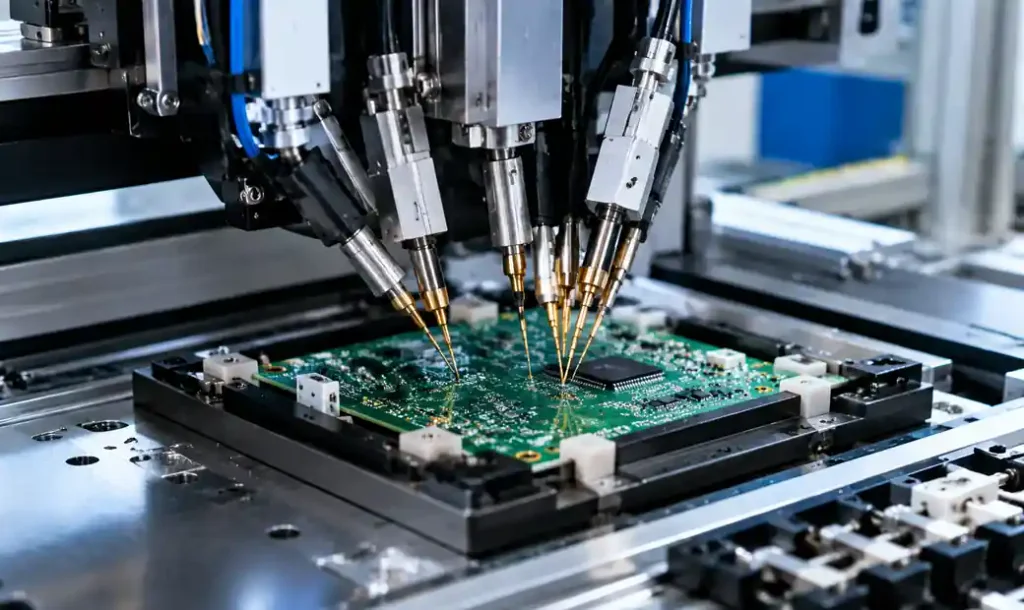 Flying probe test equipment testing a PCB assembly with movable probes