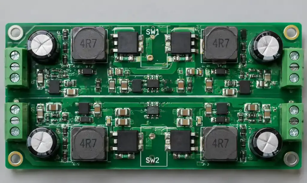 Four-switch buck-boost converter PCB showing dual switching node routing