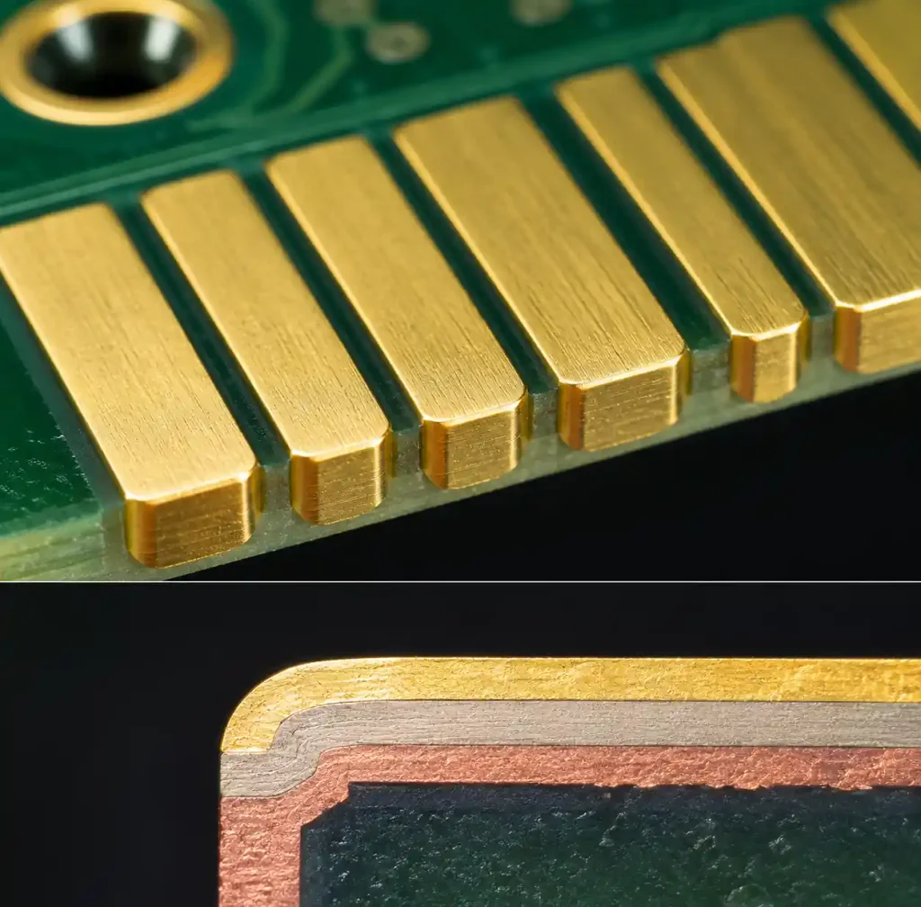 Microscope inspection of PCB gold finger edge finish showing surface quality and plating uniformity