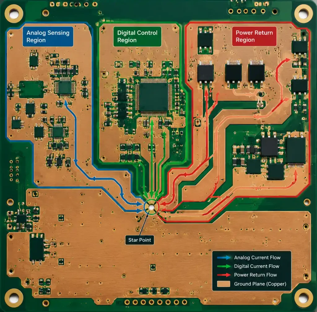 Ground plane architecture showing analog, digital, and power ground regions