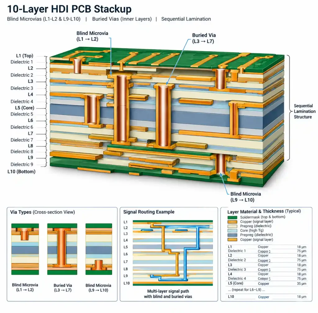 HDI PCB stackup diagram showing microvia connections between build-up layers