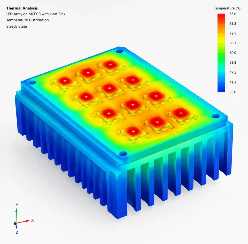 Thermal simulation FEA results showing junction temperature distribution across LED array on MCPCB