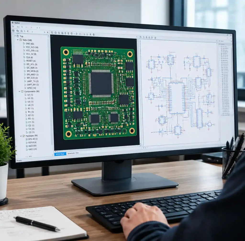 PCB netlist extraction software interface showing automated trace routing and schematic generation