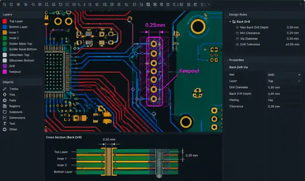 PCB layout showing design rules for back-drilled vias with keepout zones and pad sizing