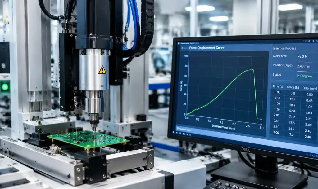 Press-fit insertion equipment monitoring force-displacement curve during connector pin installation