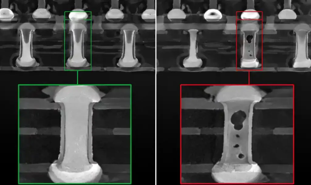 X-ray image showing solder joints with and without voids in via in pad