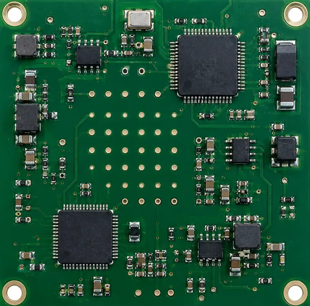 PCB bottom side showing test point grid layout for bed-of-nails ICT fixture