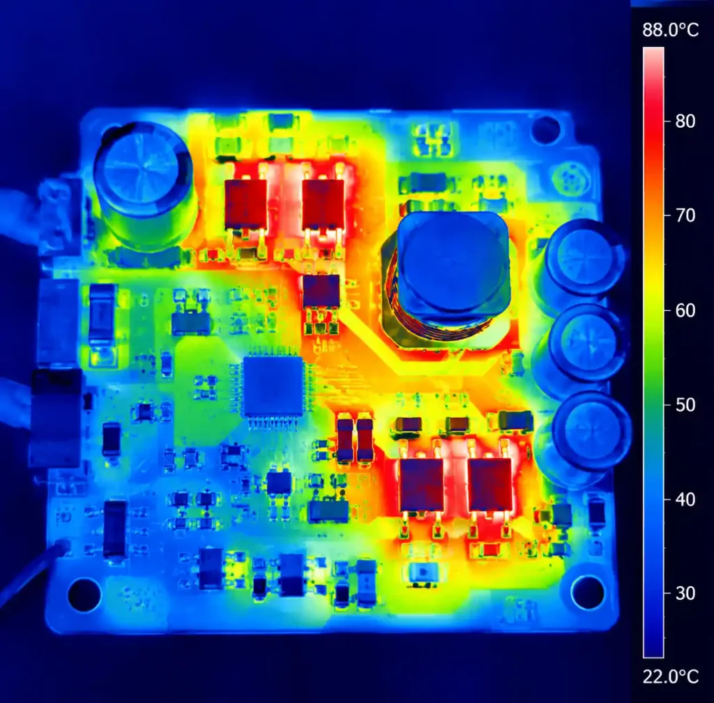 Thermal camera image of operating LED driver PCB showing temperature distribution