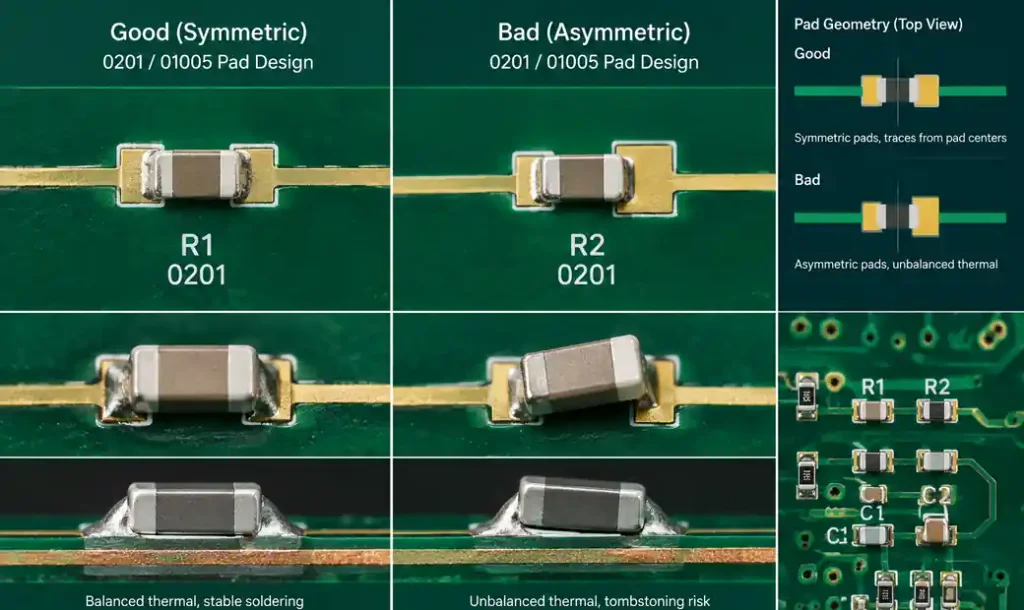 PCB pad design comparison showing symmetric geometry for tombstoning prevention