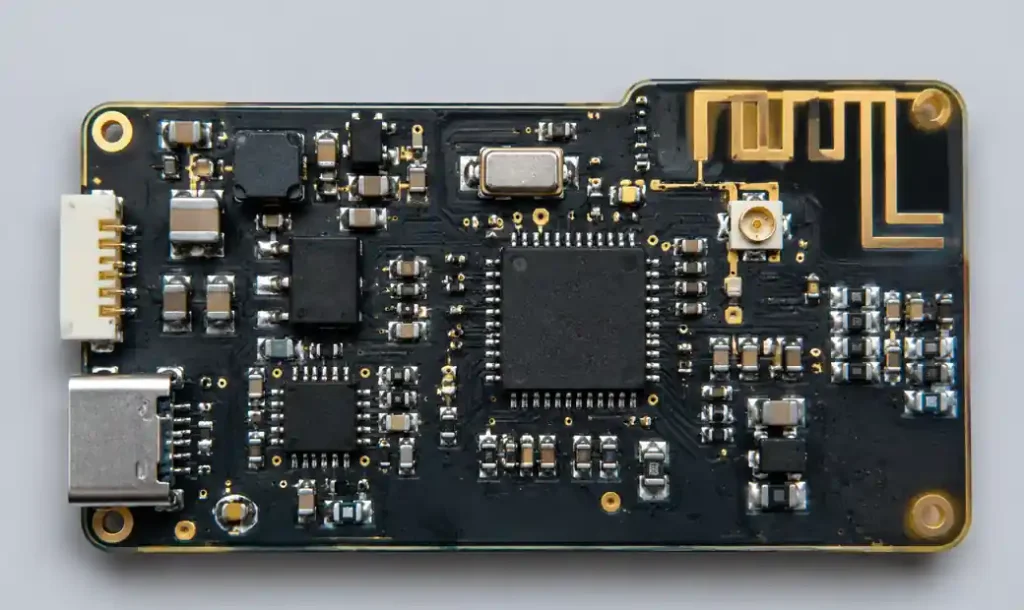 Wi-Fi and BLE antenna on IoT device PCB with components