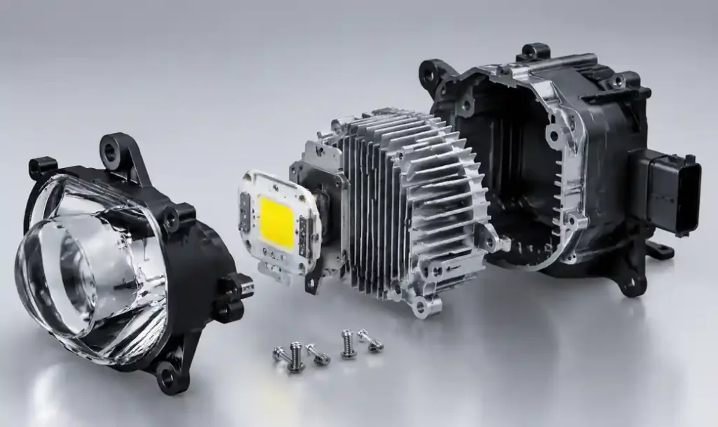 Automotive LED headlamp module showing MCPCB, heat sink, and thermal management design