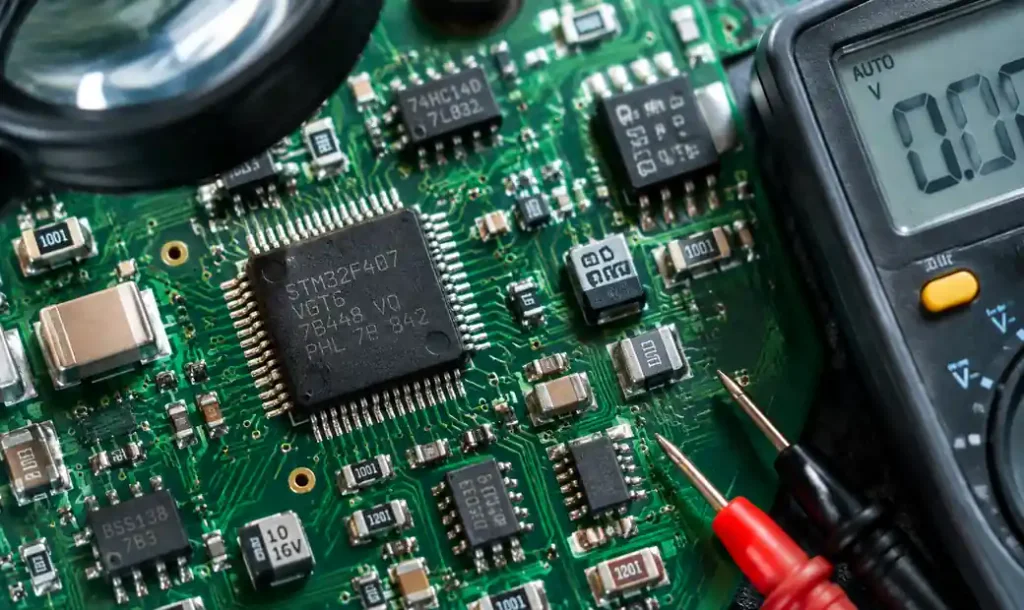 Close-up of surface mount components showing part number markings and identification process