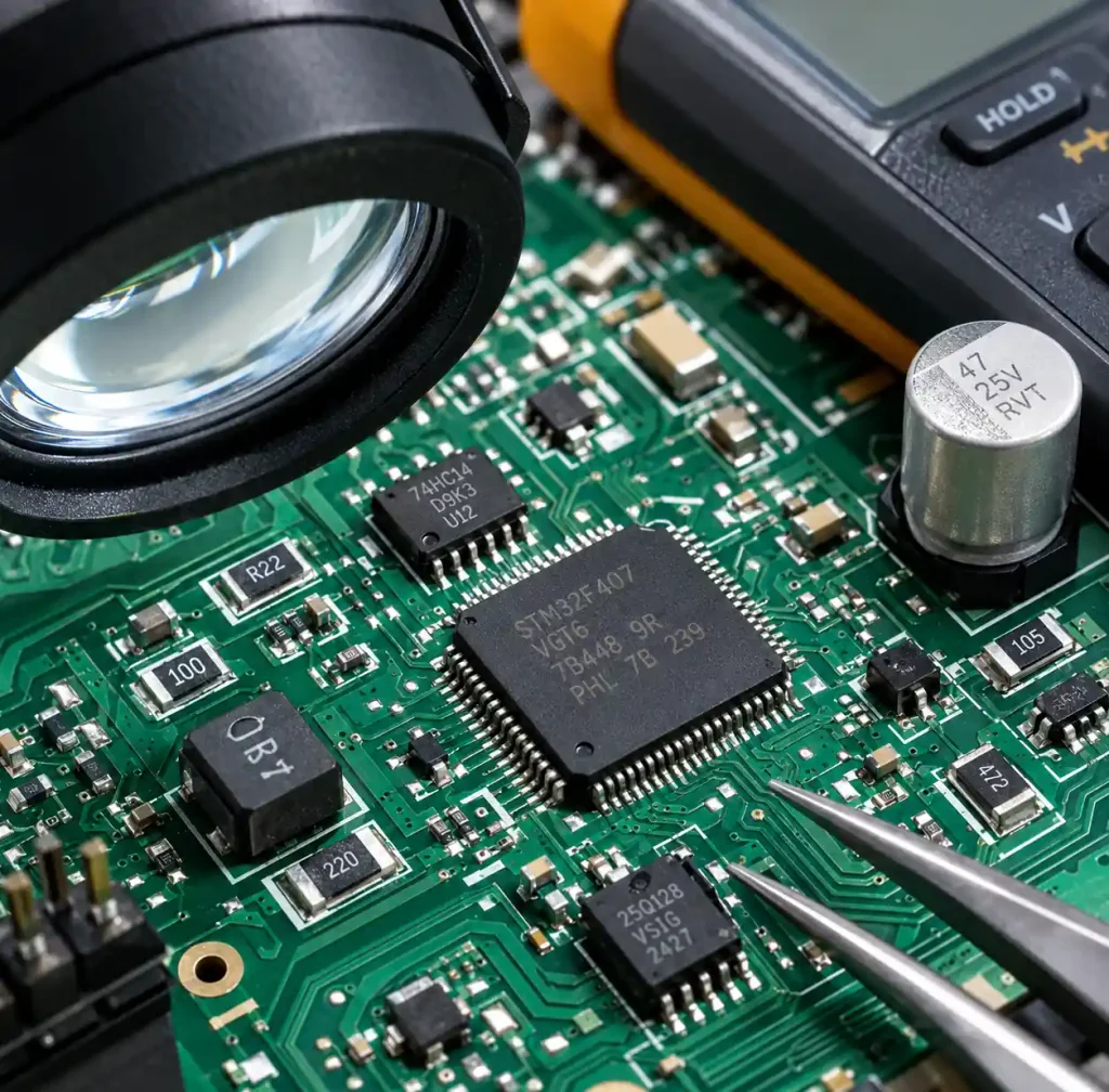 Close-up of surface mount components showing part number markings and identification process