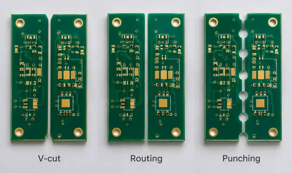 Side-by-side comparison of three PCB depaneling methods
