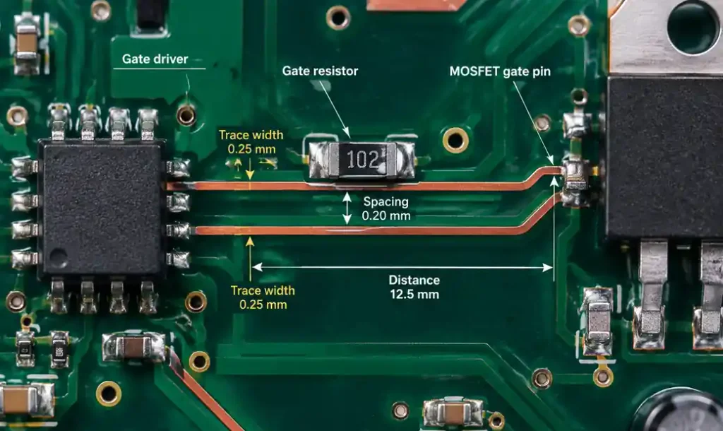 Gate signal trace routing from driver IC to MOSFET with parallel ground return