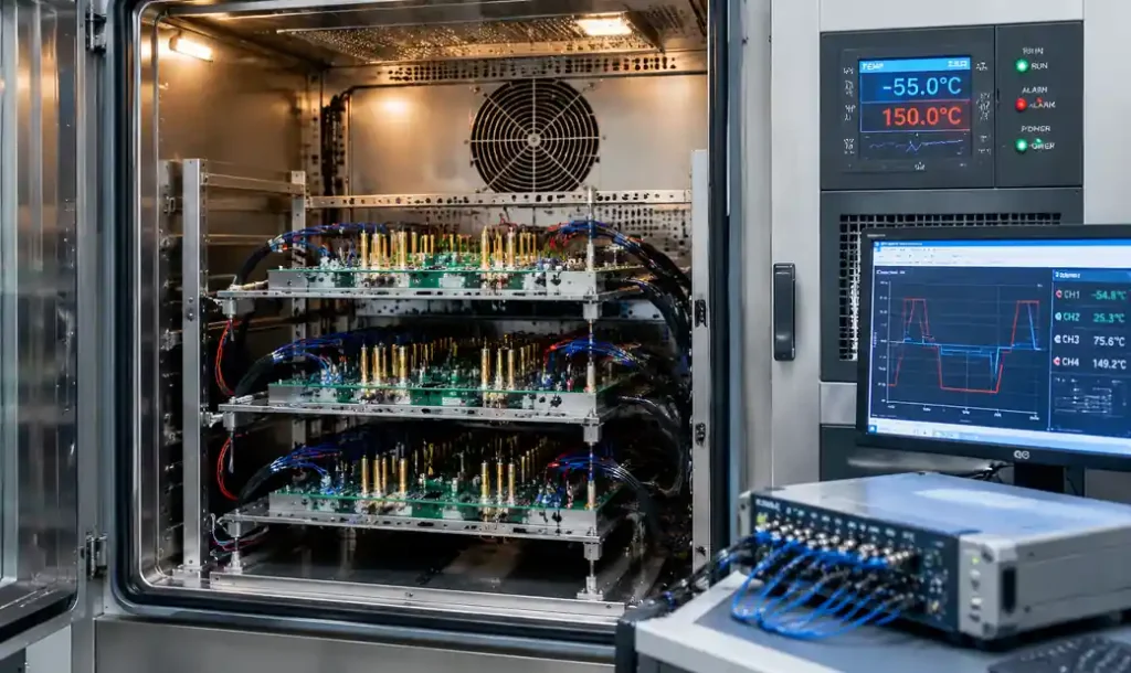 Thermal cycling chamber testing press-fit PCB connections per IEC 60352-5 reliability standard