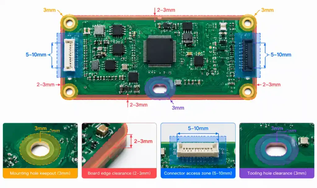 PCB layout showing keepout zones around mounting holes, board edges, and connectors