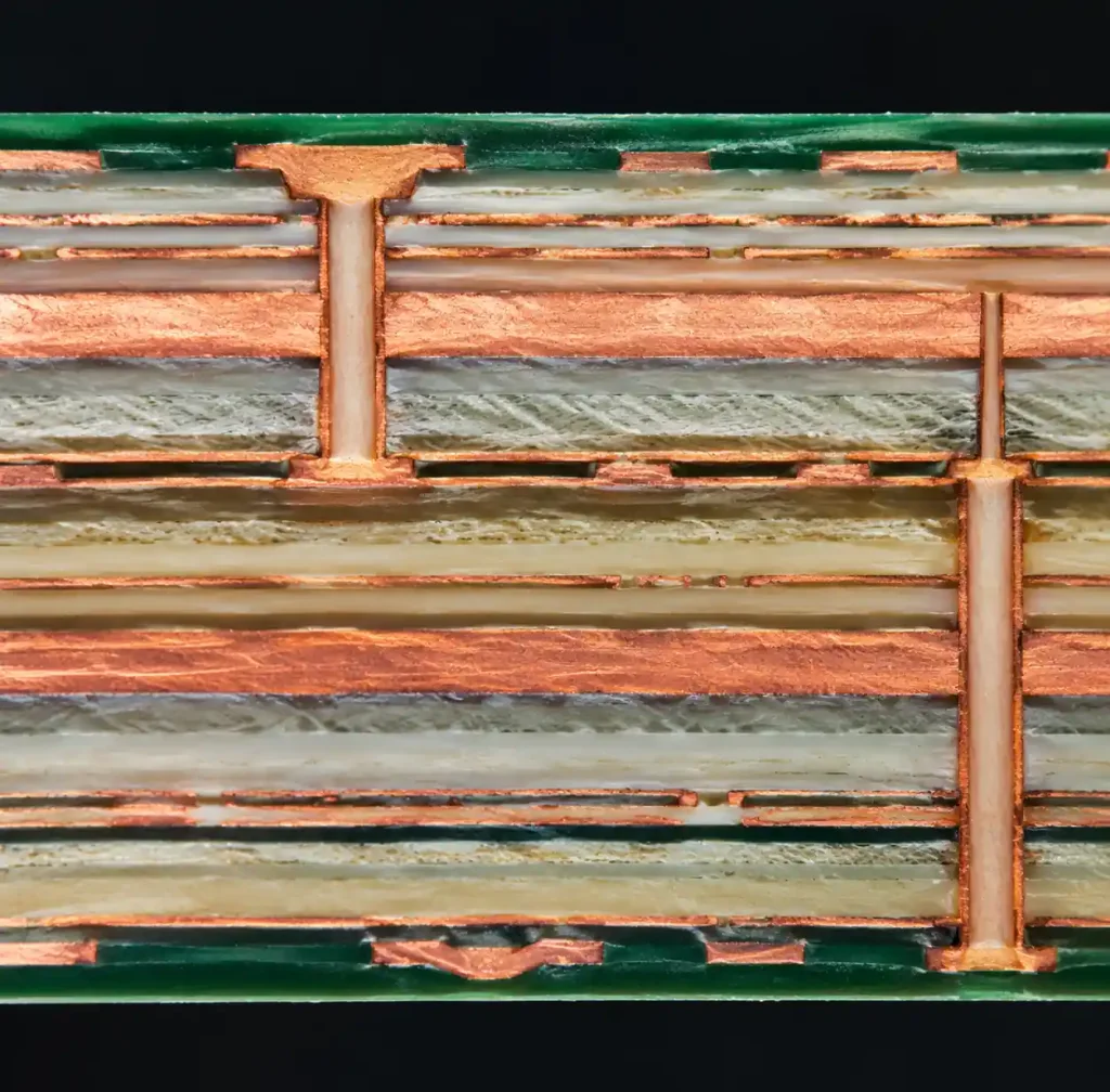 Multilayer aerospace PCB stackup showing high-reliability layer structure