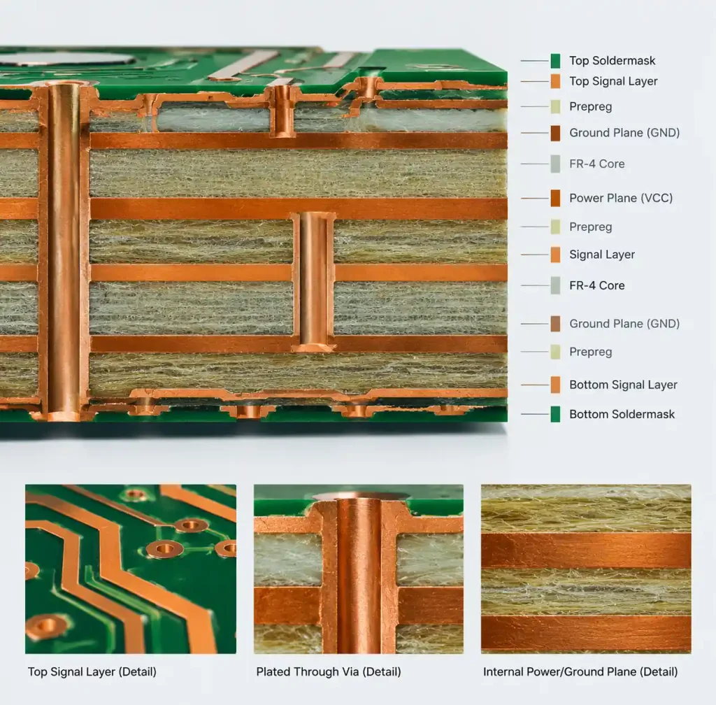 PCB layer stackup diagram for four-layer and six-layer DC-DC converter designs