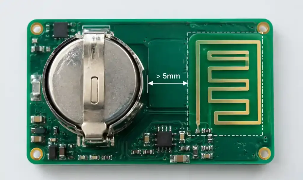 PCB antenna placement with battery clearance in IoT sensor
