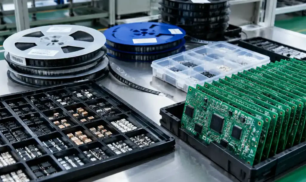Electronic components and PCB boards organized for production assembly