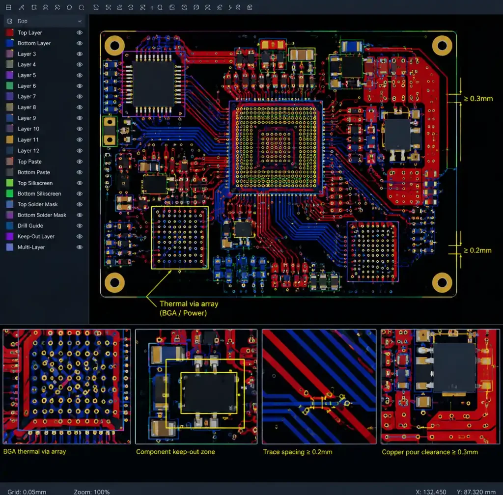 PCB CAD layout showing design rules for embedded component placement and via routing