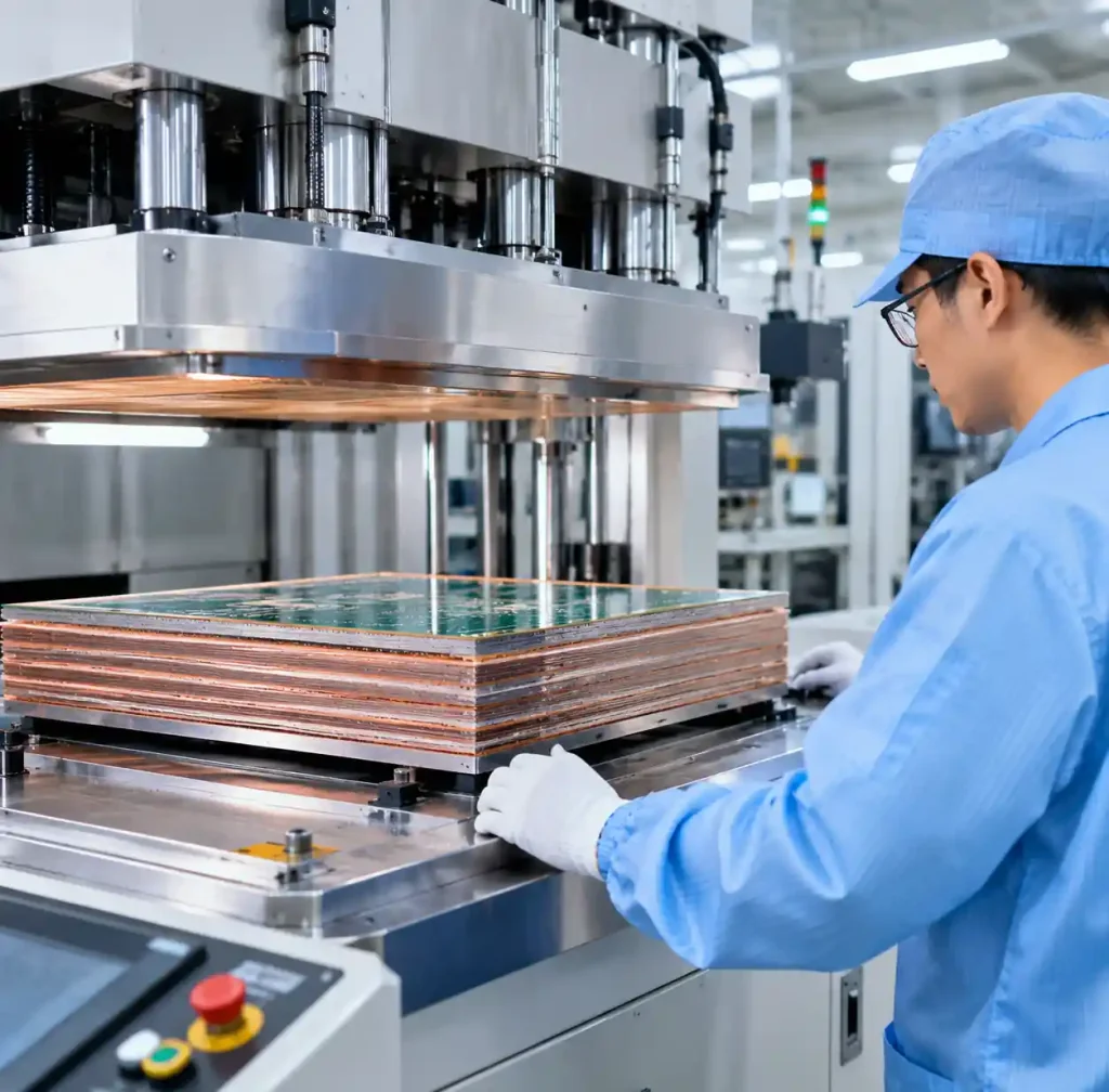 PCB manufacturing process showing multilayer stackup lamination