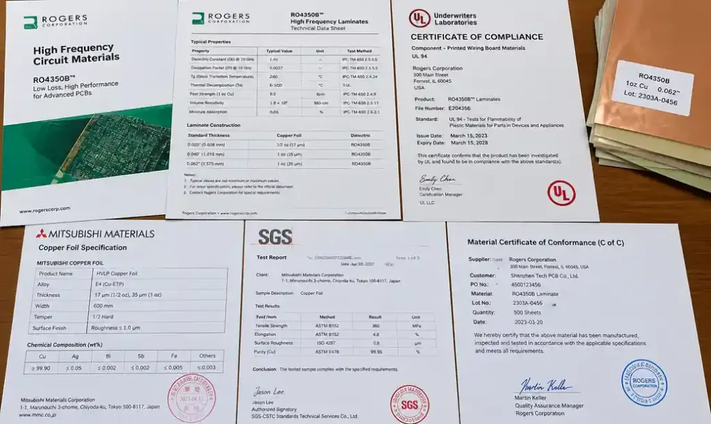 PCB material certifications showing laminate specifications and copper foil test reports