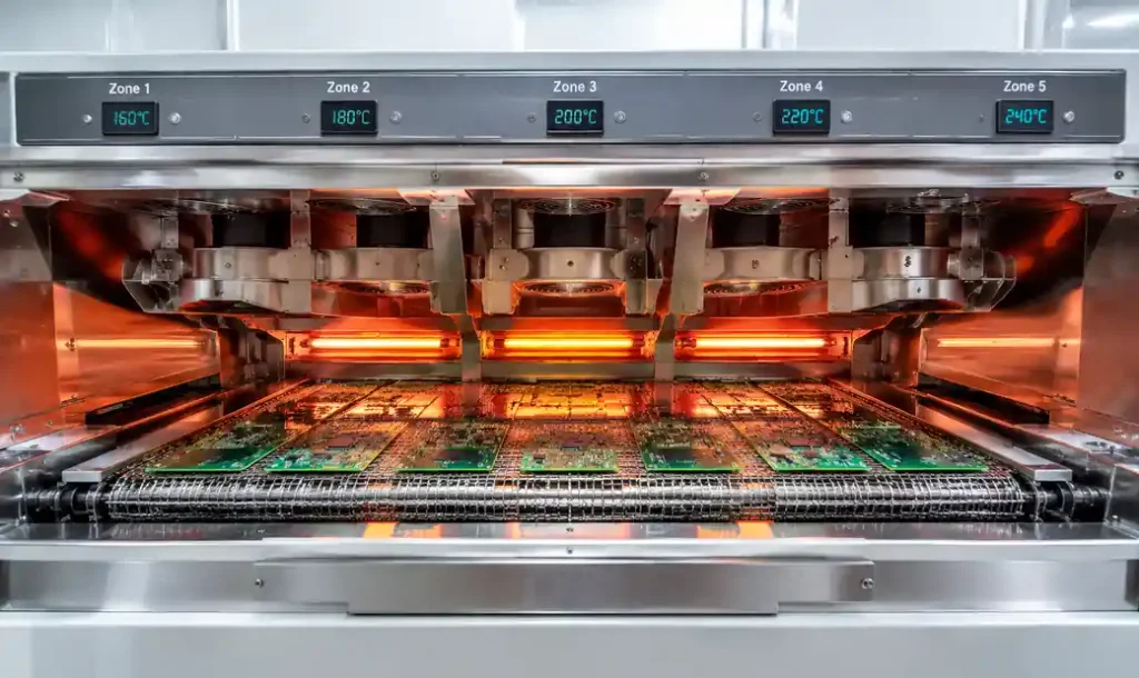 Reflow oven showing multiple heating zones and thermocouple monitoring setup
