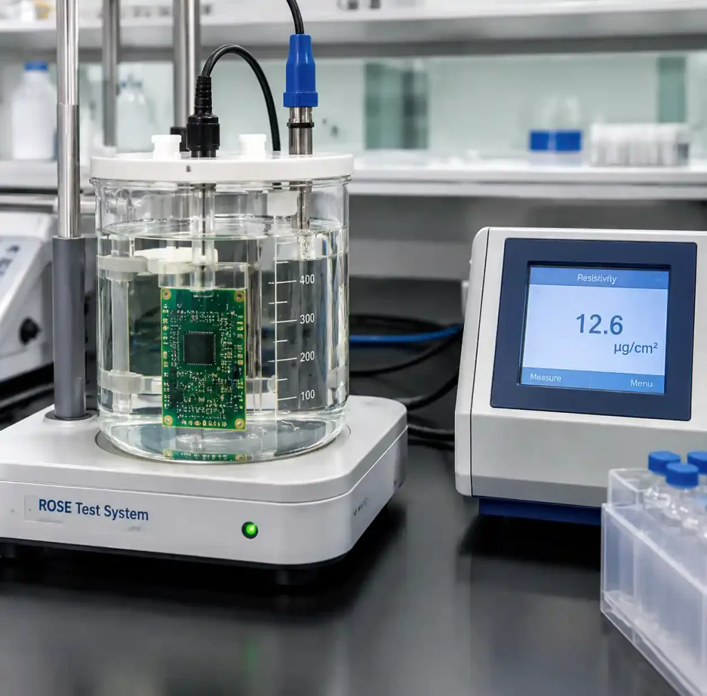ROSE test equipment measuring ionic contamination on cleaned PCB