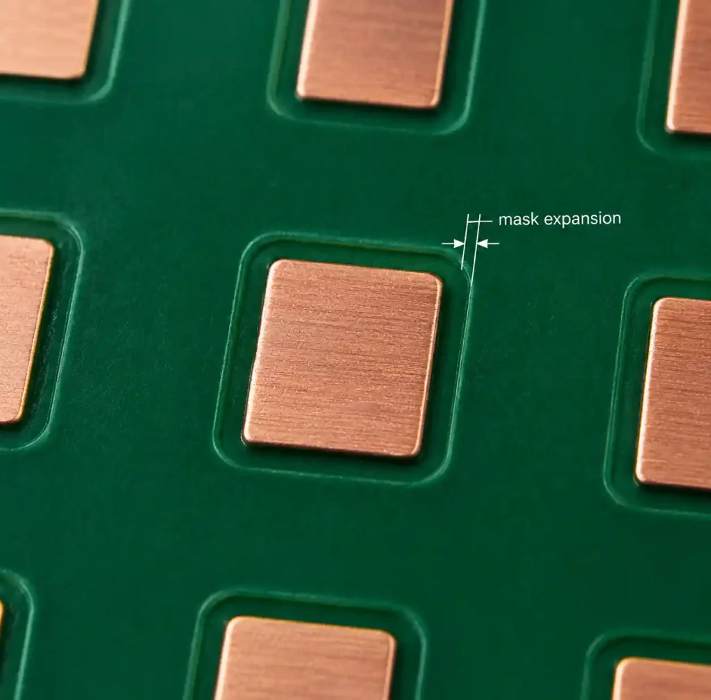 PCB solder pad showing solder mask expansion clearance between copper and mask opening