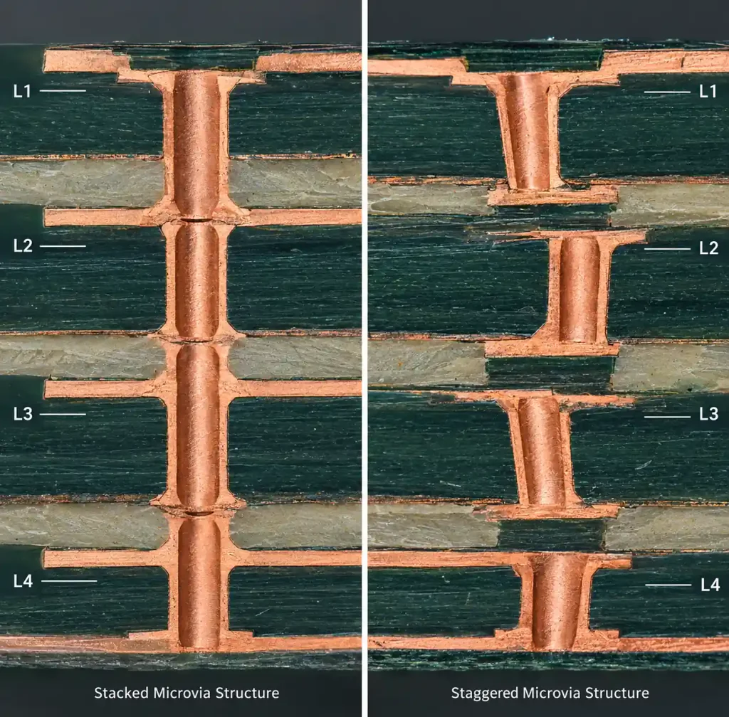 Comparison of stacked microvias aligned vertically versus staggered microvias offset laterally