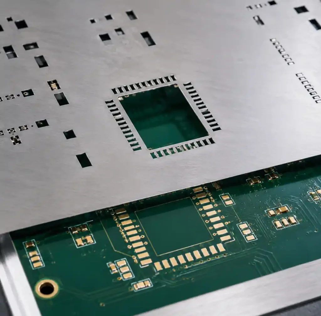 SMT stencil showing aperture design for castellated module assembly