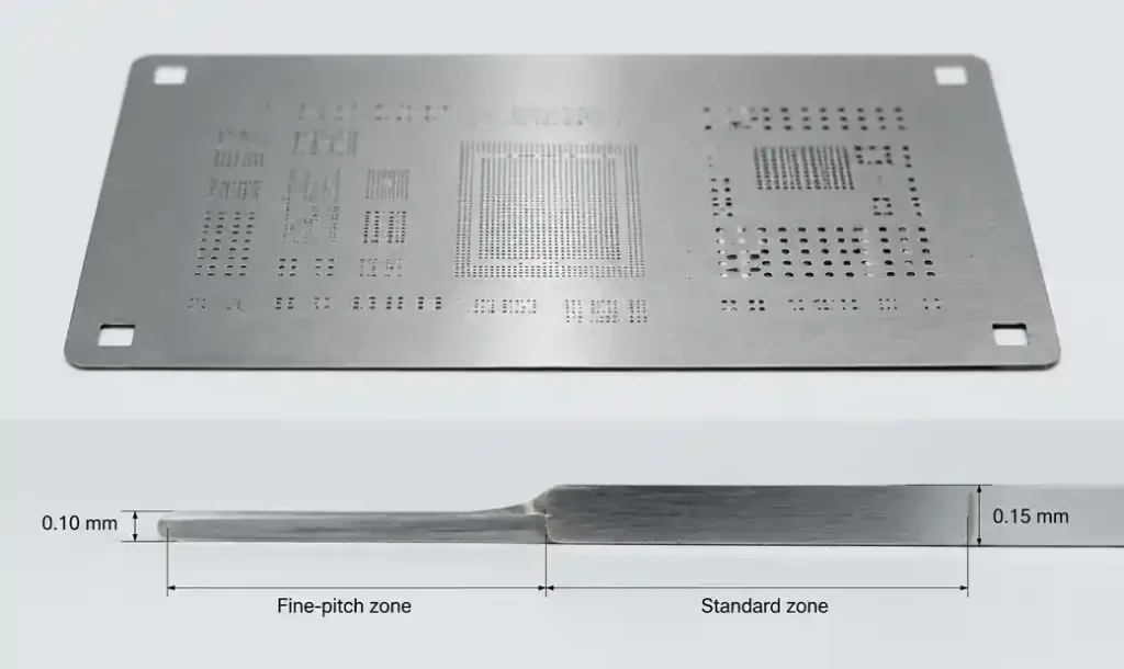 Step-down stencil cross-section showing different thickness zones for mixed component density PCB assembly