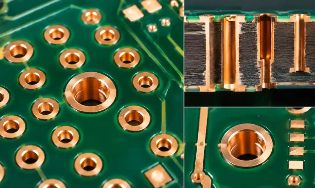 PCB vias showing back-drilling and stub removal for signal integrity