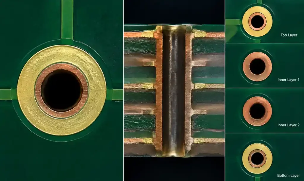 Aerospace PCB via design showing proper annular ring and capture pad sizing