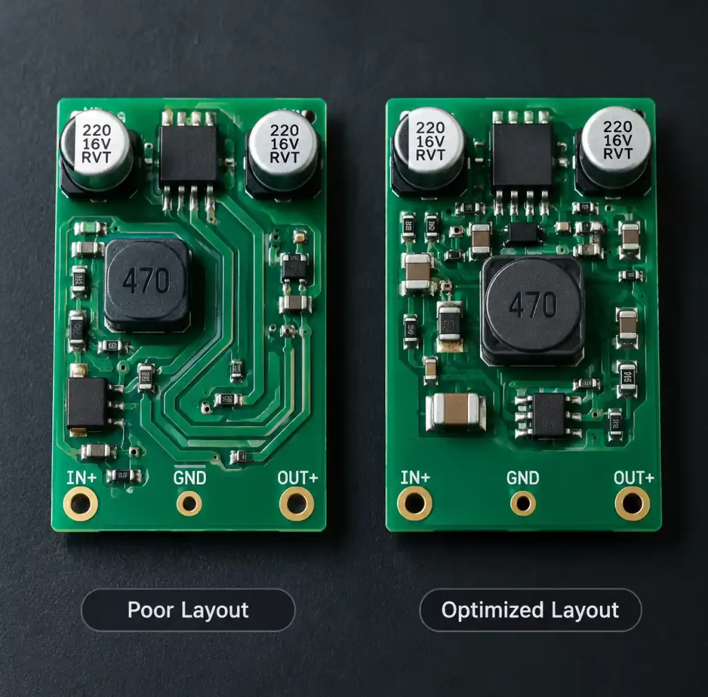 Before and after comparison showing common PCB layout mistakes in DC-DC converter design