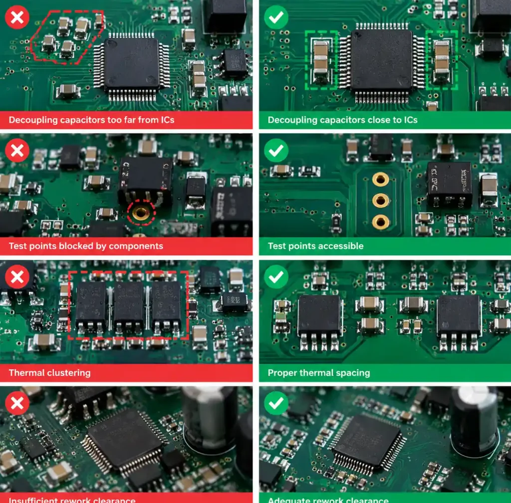 Side-by-side comparison of incorrect versus correct component placement examples