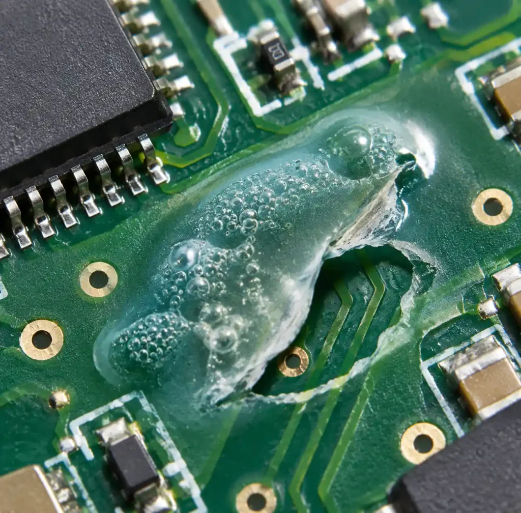 Conformal coating delamination caused by uncleaned flux residue