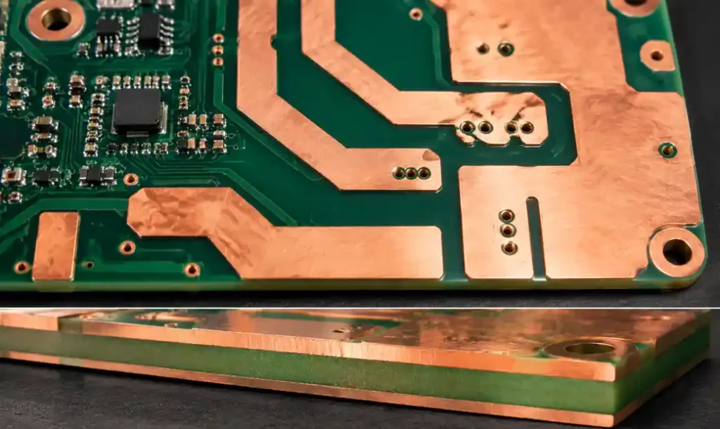 Heavy copper PCB showing thick power traces for high-current applications