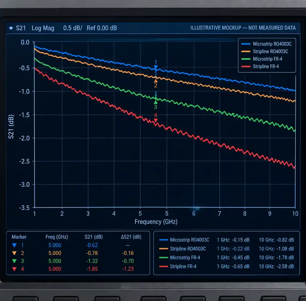 Insertion loss measurement graph comparing microstrip and stripline performance across 1-10 GHz frequency range